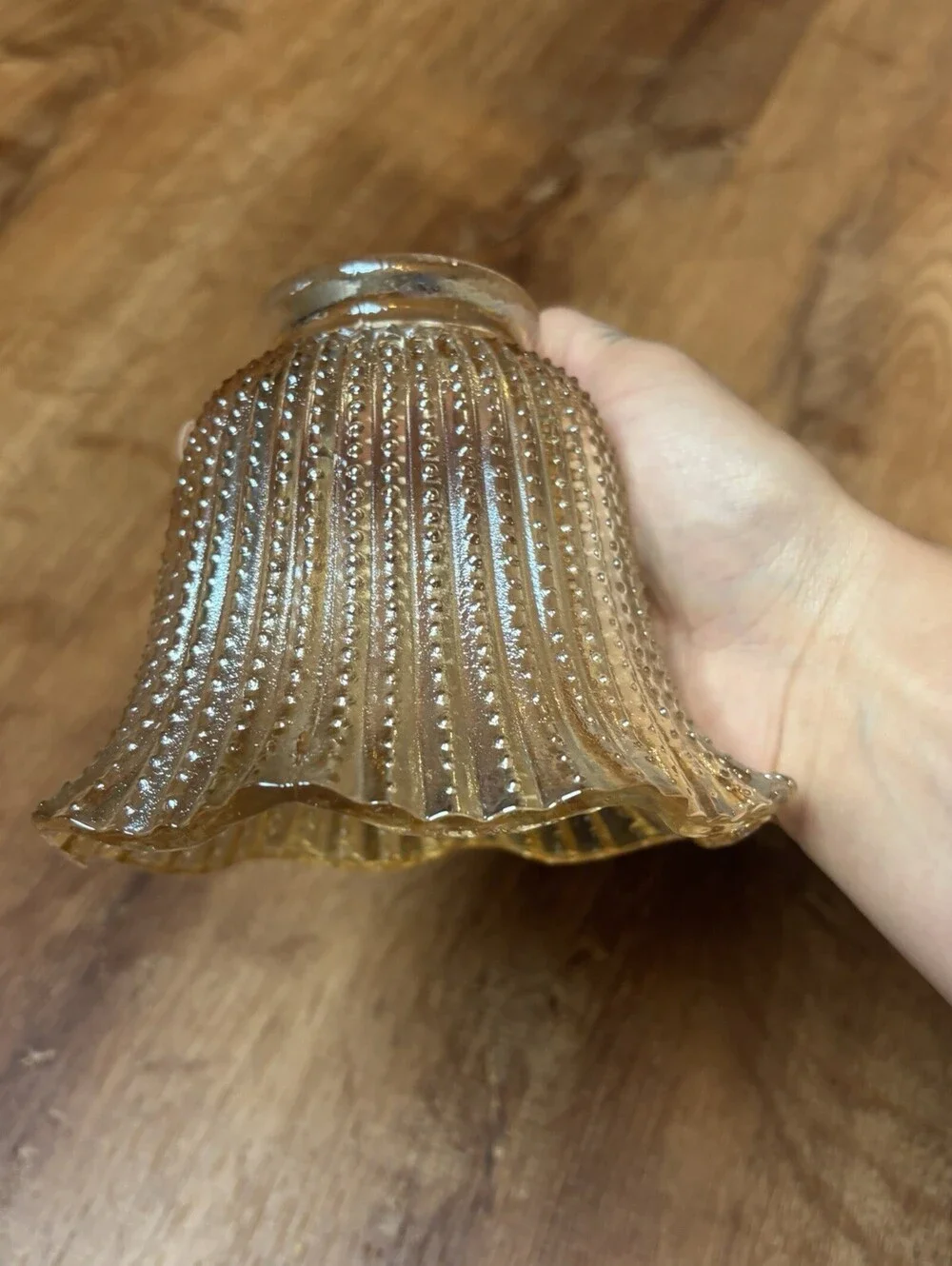 Vintage Clear Amber Glass Fairy Lamp Shade Hobnail Fluted Scalloped Small